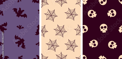 Set trendy Halloween wrapping design with bat silhouette, spider web, skull. Collection Helloween background in modern Retro style. Groovy Halloween holiday card, posters cover. Vector illustration.
