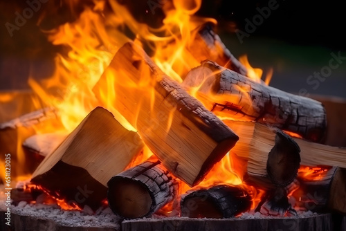 fire burning in a fireplace, burning wooden logs with hot flames of fire