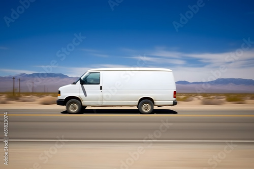 fast-moving white delivery van on the road