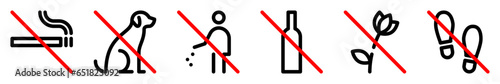 No smoking, dogs, trash, alcohol line icons. Do not pick flowers and walk on lawn outline signs isolated on white background. Prohibition pictograms in linear style. Editable stroke. Vector graphics