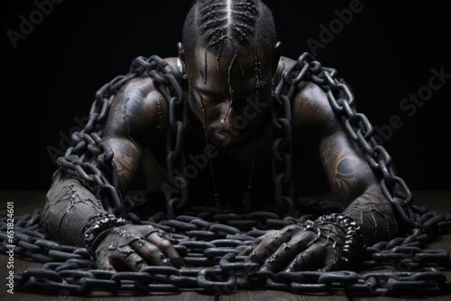 Slavery, violence against man, oppression of man's freedom, against man's will, chains, power hopelessness , social injustice, usurpation. photo