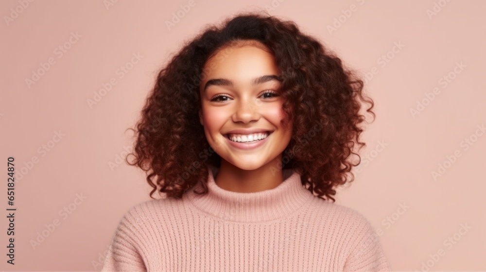 A striking portrait captures the essence of teenage exuberance as a girl smiles brightly against a clean studio background. A striking portrait captures the essence of teenage exuberance as a girl smiles brightly against a clean studio background.