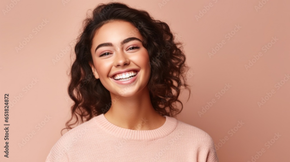 Against a soft, neutral studio background, a teenage girl's confident smile exudes positivity and self-assuredness. Against a soft, neutral studio background, a teenage girl's confident smile exudes positivity and self-assuredness.