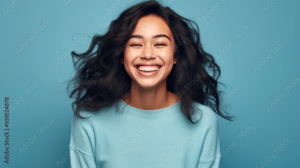 A joyful teenager, her eyes sparkling with happiness, photographed against a soft and airy studio setting. A joyful teenager, her eyes sparkling with happiness, photographed against a soft and airy studio setting.