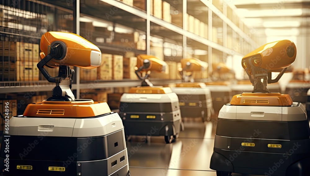 Robot factory working in the production line at distribution warehouse background. Orange yellow black and white blue in dark scene color cute bot. - obrazy, fototapety, plakaty 