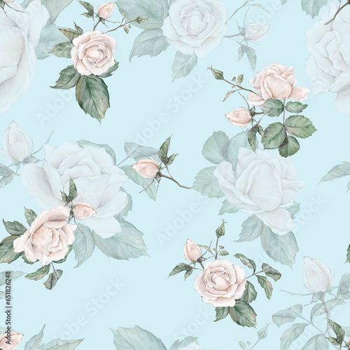 White roses seamless pattern. White roses arrangement. collection garden flowers, leaves. watercolor hand painting illustration on isolate background. For wedding invitations, anniversary