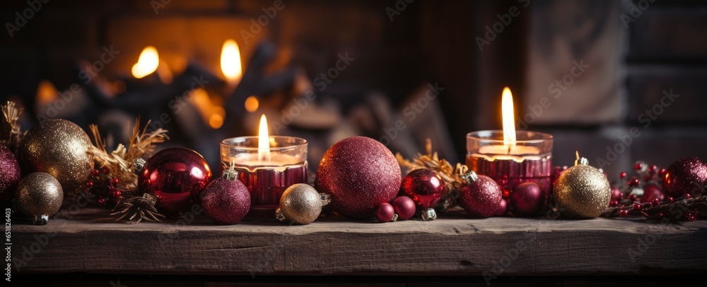 Decorated xmas table with Merry Christmas gifts in cozy Santa home interior, banner. Happy New Year presents boxes in workshop late in night with lights on xmas tree, holiday eve background.