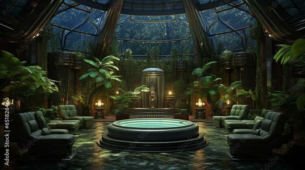 Exotic jungle futuristic style greenhouse spa in art deco design interior at a luxury hotel