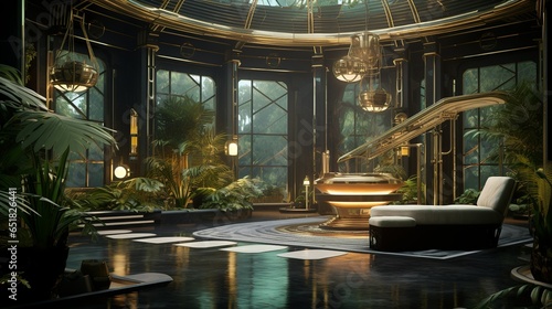 Exotic spa futuristic style botanical garden in art deco design interior at a luxury hotel