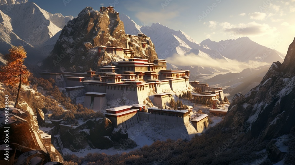 Huge tibetian monastery fortress exterior aerial view in the snowy mountains - obrazy, fototapety, plakaty 
