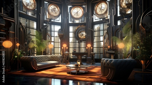 Art deco style luxury mansion hall interior with a tibetian touch and view to the snowy mountains