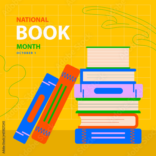 National Book Month on october 1, with some books have been compiled vector illustration and text isolated on yellow abstract background for celebrate and commemorate National Book Month.