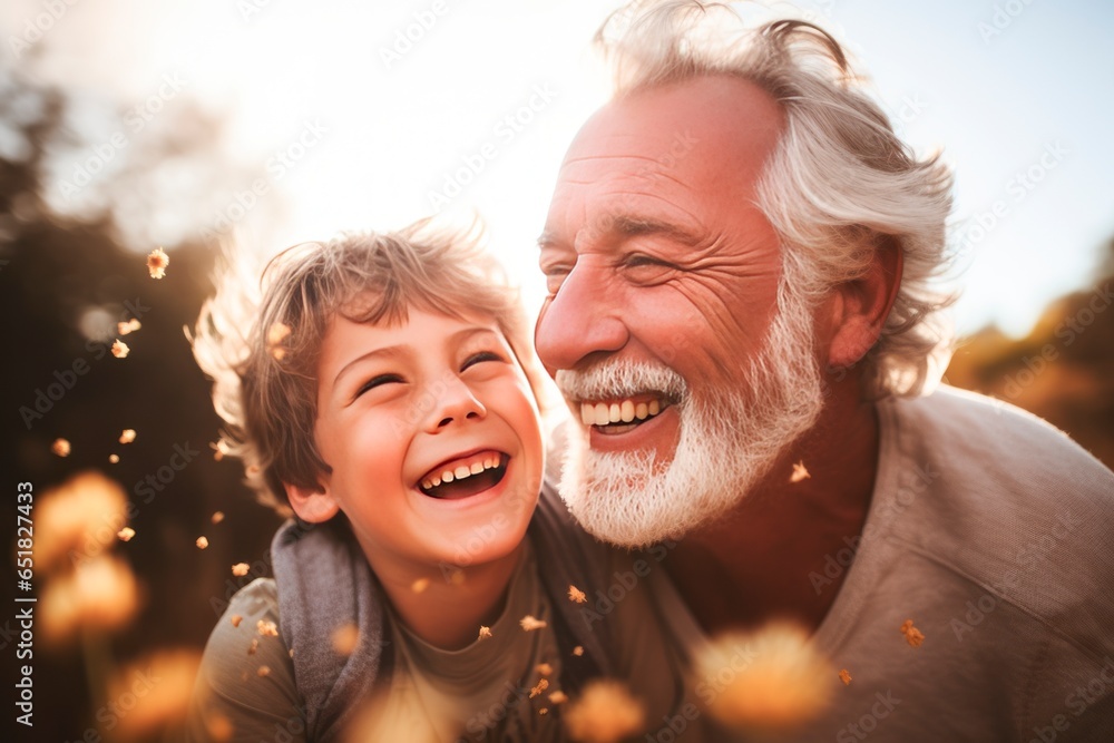 a young boy and an his grandfather are laughing in a field - obrazy, fototapety, plakaty 