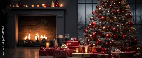 Decorated xmas table with Merry Christmas gifts in cozy Santa home interior  banner. Happy New Year presents boxes in workshop late in night with lights on xmas tree  holiday eve background.