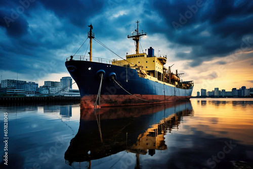 A small fishing or cargo ship on the dock in the port. The ship is waiting to sail. A vessel for fishing or transporting small cargoes.