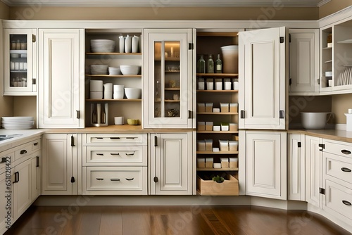 Home storage area organize management home interior design pantry shelf and storage for store food and stuff in kitchen home design. photo