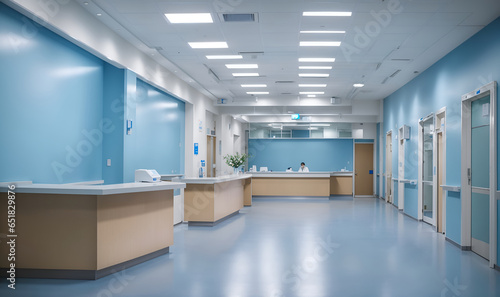 Hospital hallway, reception clinic, blue background. © Nahid_desinger