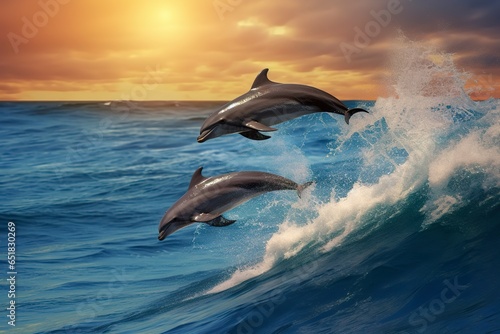 Playful dolphins jumping over breaking waves. Hawaii Pacific Ocean wildlife scenery.