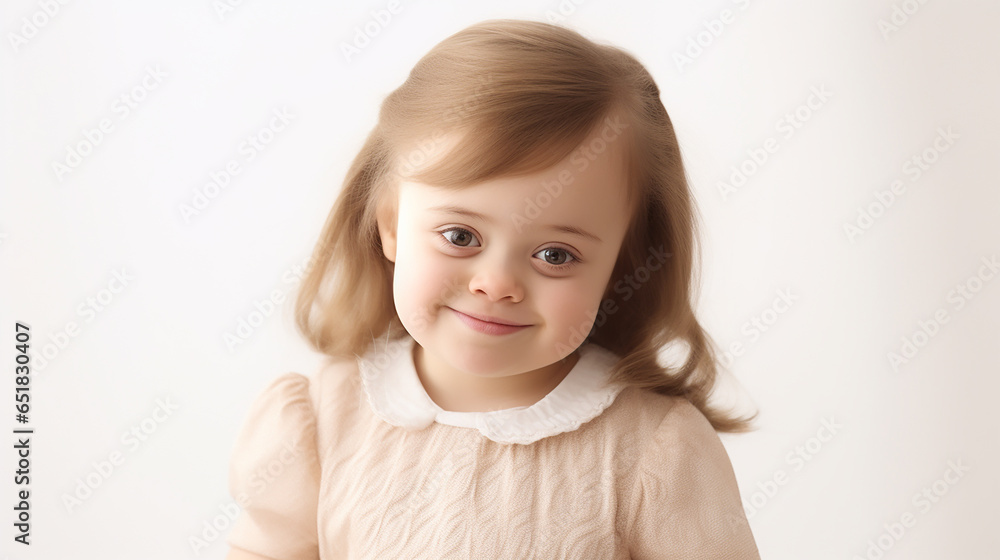 Closeup of an adorable little girl with down syndrome isolated on a white background. Generative AI. Closeup of an adorable little girl with down syndrome isolated on a white background. Generative AI.