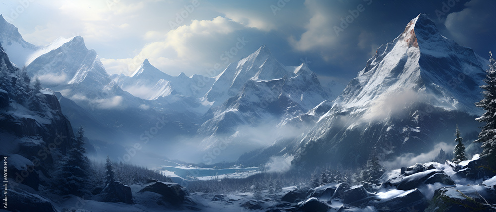 Scenic View of a Dramatic Mountain Range Covered in Snow, Generative AI
