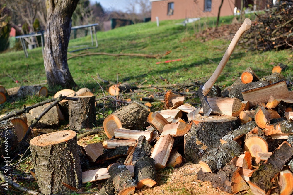 An ax cut into wood on a pile of cut wood for the winter