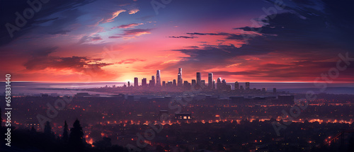 Scenic View of a Vibrant Sunset or Sunrise Over a City, Generative AI