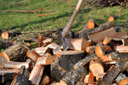 Obraz na płótnie An ax cut into wood on a pile of cut wood for the winter w salonie