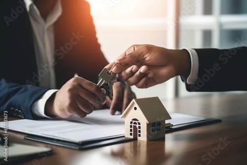 Real Estate Agent hands over a house key to costumer. Real estate concept. Rental contracts and house purchase proposals, demonstrations, house keys photo