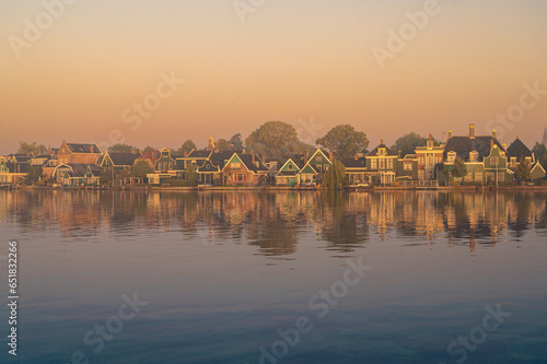 Zaandijk, Netherlands. Panorama of traditional dutch houses at the Zaan river in Zaandijk, Netherlands. 