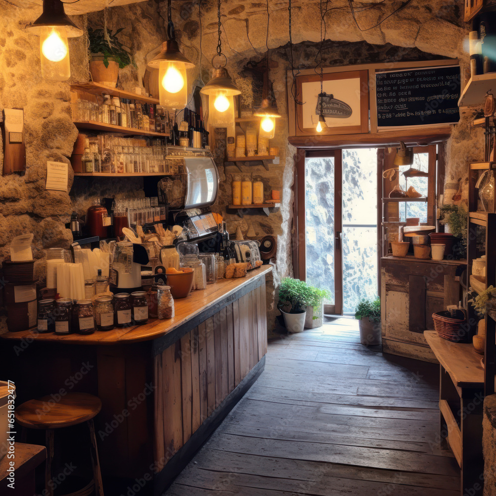  A rustic coffee shop with stone walls wooden barrels 
