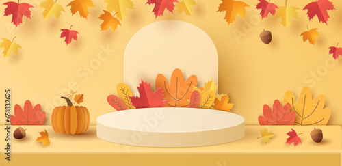 Paper cut of white cylinder podium, geometric shapes with autumn landscape for products display presentation. Vector illustration