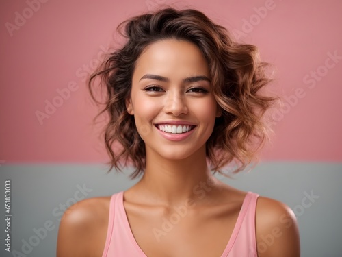 Beautiful young smirking woman with a charming smile with dazzling white teeth on the pink background. Generative ai.