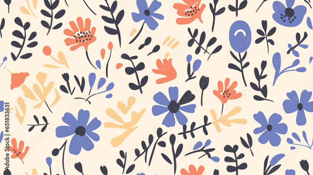 Abstract seamless pattern with cute hand drawn meadow flowers. Stylish natural background. Hand drawn design elements