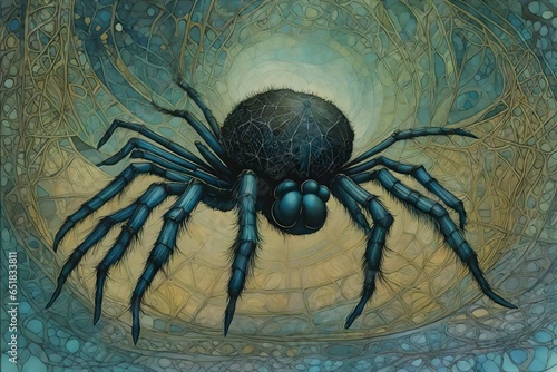 A fictional scary big spider drawing that you would see in an illustrated children s book.