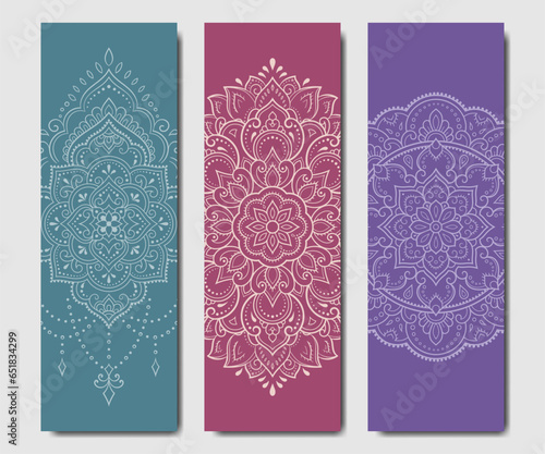 Set of design yoga mats. Lotus floral pattern, mandala in oriental style for decoration sport equipment. Colorful ethnic Indian ornaments for spiritual serenity. Decor of card, poster, print.