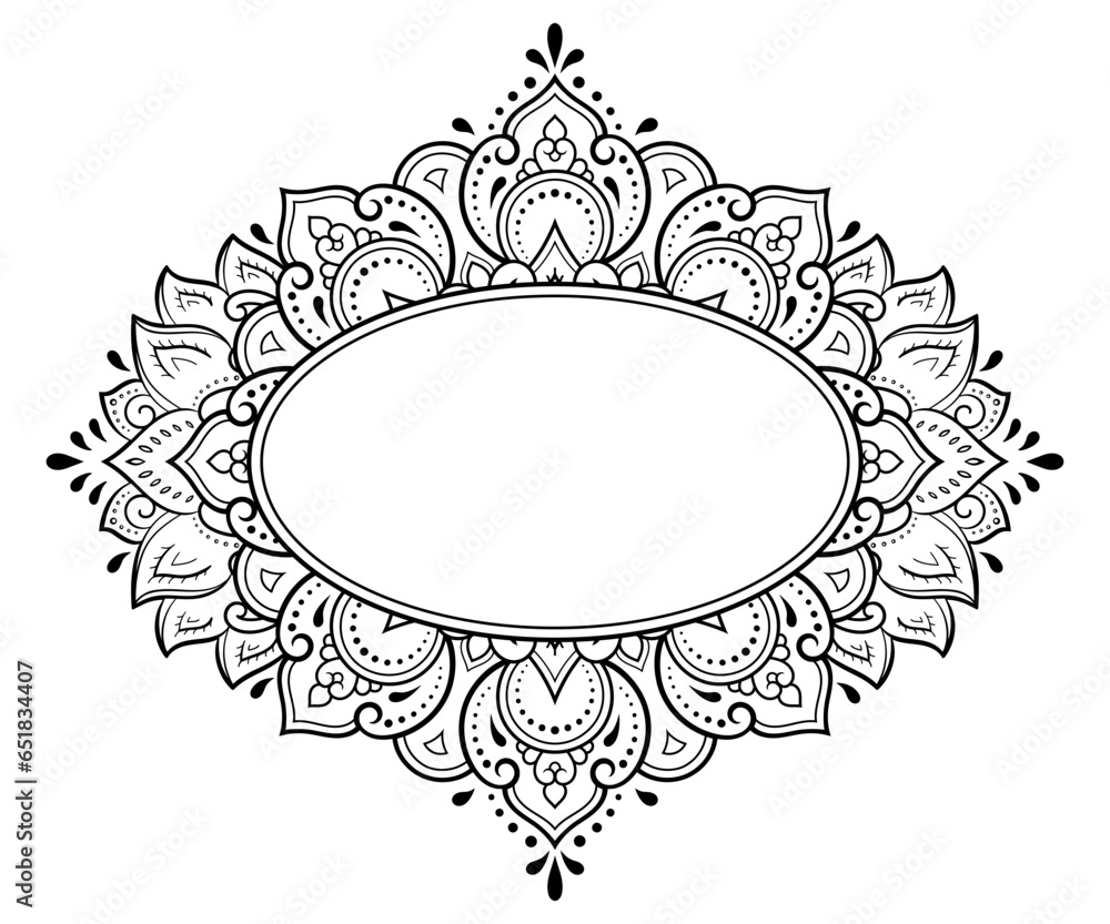 Frame in eastern tradition. Stylized with henna tattoos decorative pattern for decorating covers for book, notebook, casket, magazine, postcard and folder. Flower border in mehndi style. Frame in eastern tradition. Stylized with henna tattoos decorative pattern for decorating covers for book, notebook, casket, magazine, postcard and folder. Flower border in mehndi style.