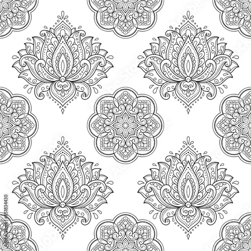 Seamless decorative ornament in ethnic oriental style. Lotus flower and mandala for Henna, Mehndi, tattoo, decoration. Doodle outline hand draw vector illustration.