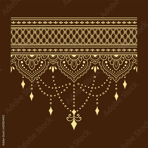 Borders with flower for design, application of henna, Mehndi and tattoo. Decorative pattern in ethnic oriental, Indian style. Doodle ornament. Outline hand draw vector illustration.