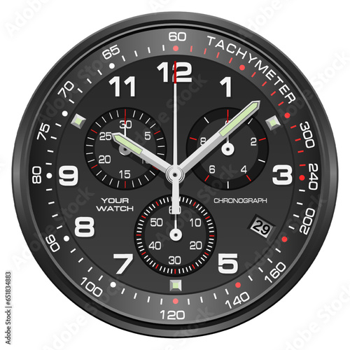 Realistic black red silver clock watch chronograph sport luxury on white background vector
