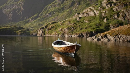 The allure of a Norwegian fjord is showcased through the idyllic sight of a wooden rowing boat tethered to a buoy, its reflection on the calm lake capturing the grandeur of the encircling mountains photo