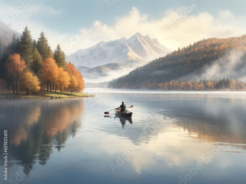A person rowing on a quiet lake in autumn, aerial view only a small boat visible with calm waters around it with AI
