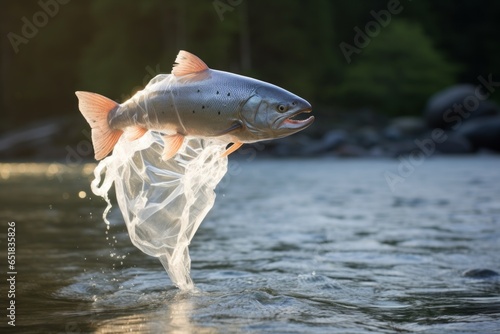 A plastic bag figure of a leaping salmon in a pristine river, symbolizing the threats posed by plastic debris in freshwater ecosystems.