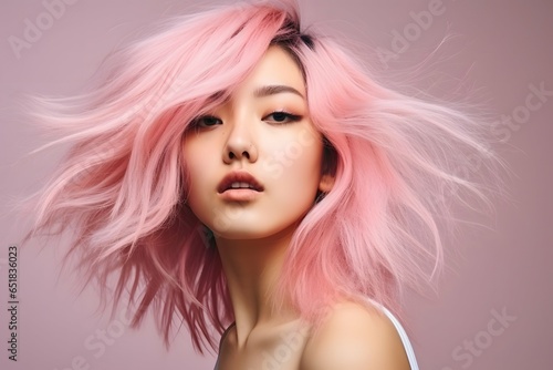Beautiful funny cute asian woman in pink wig and classic makeup