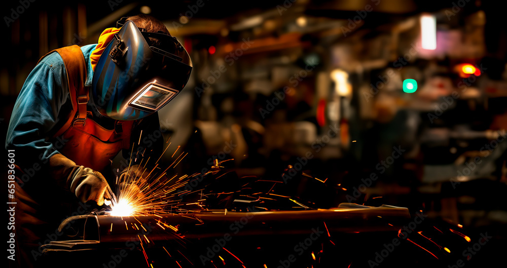 Welder wearing a face mask, busy with welding together metal structure with sparks flying around. Concept of industrial workers and construction professions. Shallow field of view. Welder wearing a face mask, busy with welding together metal structure with sparks flying around. Concept of industrial workers and construction professions. Shallow field of view.
