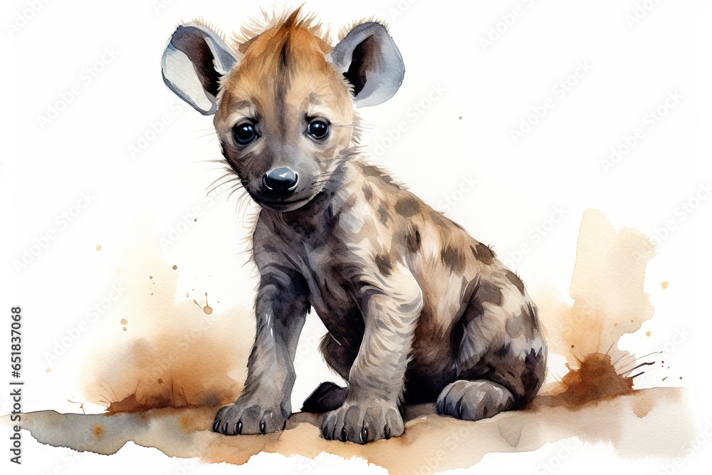 A watercolor painting of a baby hyena in vibrant colors and intricate details created with Generative AI technology