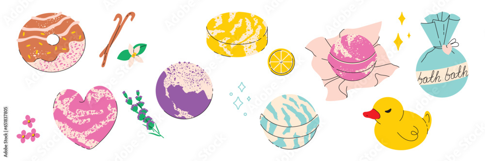Hand drawn bath bomb set, rubber duck, flowers. Spa natural treatments and selfcare, relax concept. Vector isolated illustration. - obrazy, fototapety, plakaty 