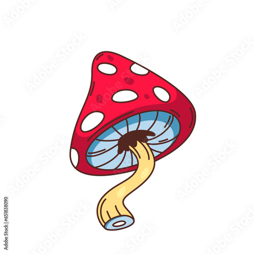 Psychedelic mushroom vector illustration. Cartoon isolated retro groovy sticker with fungus, cute comic hippie patch element for psychedelic acid trip, sign of happy and crazy 70s hippy vibe
