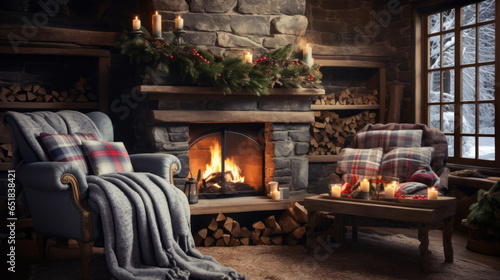 Winter Wonderland A room that feels like a cozy cabin in the winter woods, featuring plaid upholstery, a stone fireplace, and a rustic wooden coffee table 
