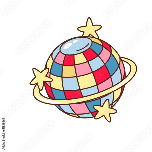 Retro groovy psychedelic planet with stars vector illustration. Cartoon isolated space fantasy sticker of rainbow globe in 70s hippie style, retro emoji element of colorful funky cosmos ball