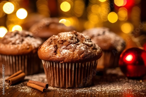 Freshly baked Chocolate muffins food photography, product shoot for cook book, Christmas themed decorations, High resolution 